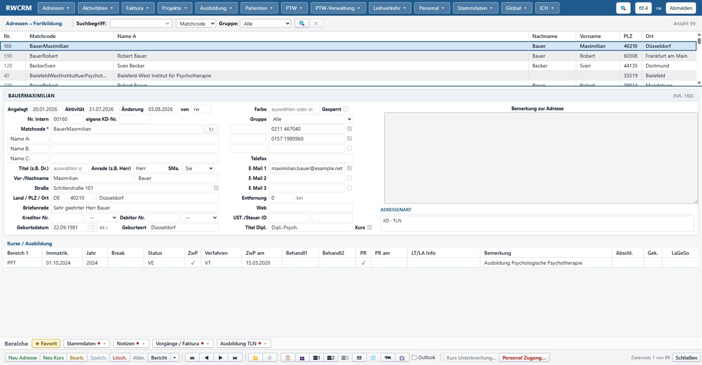RWCRM Version 5: Adressverwaltung mit Liste, Stammdaten und Ausbildungsdaten