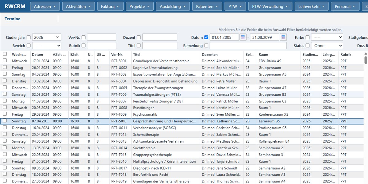 Terminliste der Aus- und Weiterbildung in RWCRM mit Dozenten, Räumen und Unterrichtseinheiten